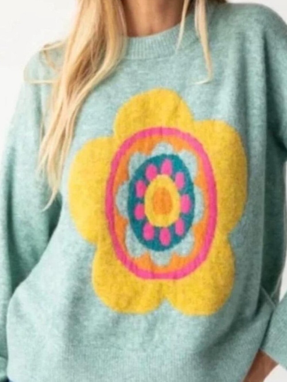 Natural Life Mint Floral Yellow-Pink Crewneck Sweater Size XS
